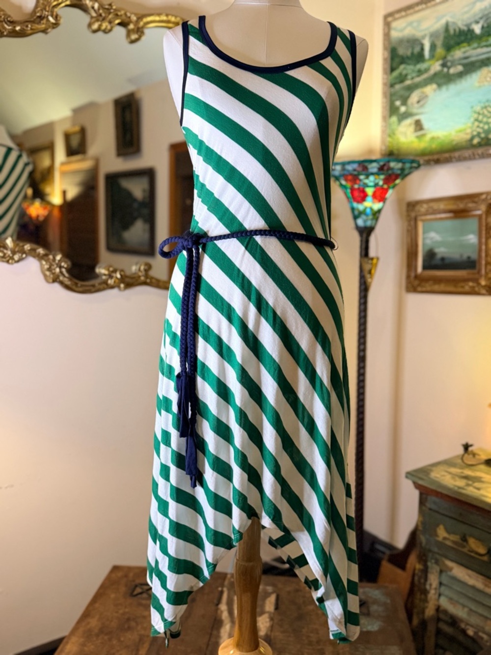 Striped Green & White Sleeveless Summer Dress with Navy Rope Belt
